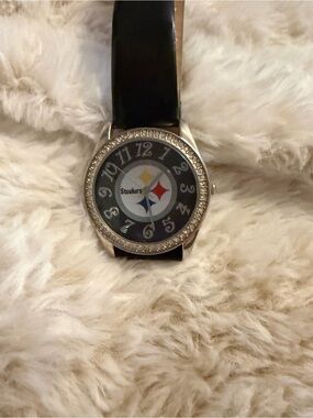 Women Pittsburgh Steelers Crystal Bezel Watch - Black Strap